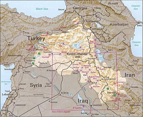 Karte Von Kurden bewohnte Gebiete_Kurdish-inhabited_area_by_CIA_(1992)